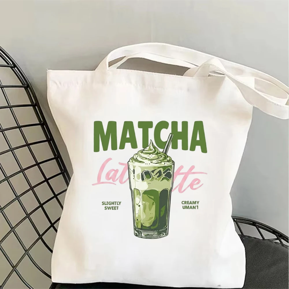 Custom Printed Canvas Tote Bag with Matcha Latte Drink Art Reusable Grocery Shopping Bag for Women Eco-Friendly Shoulder Bag