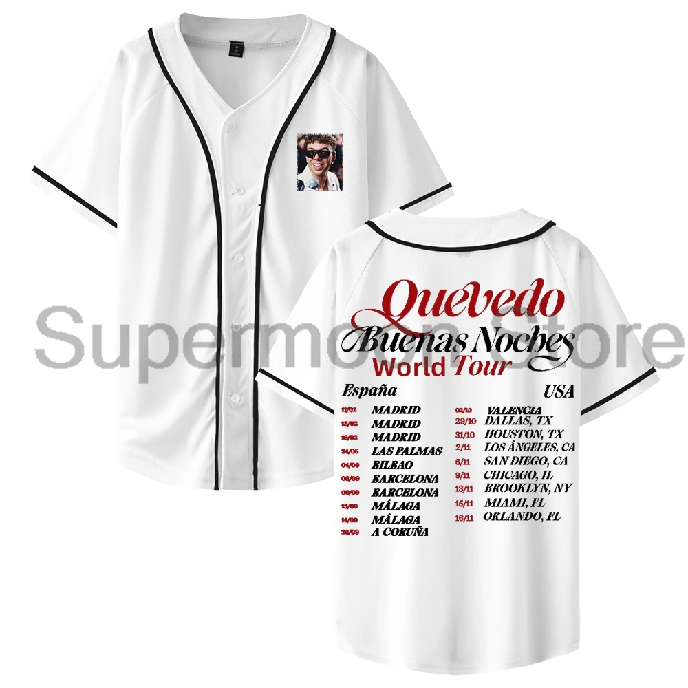 Quevedo Buenas Noches World Tour 2025 Baseball Jersey V-Neck Short Sleeve Button-up Shirts Women Men Streetwear Tops