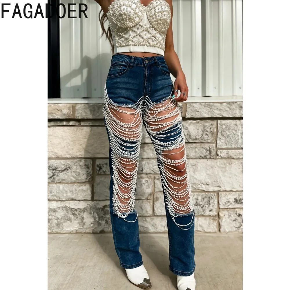 FAGADOER Fashion Streetwear Women High Waisted Button Chain Hollow Out Straight Jeans Pants Female Pocket Denim Trousers Bottoms