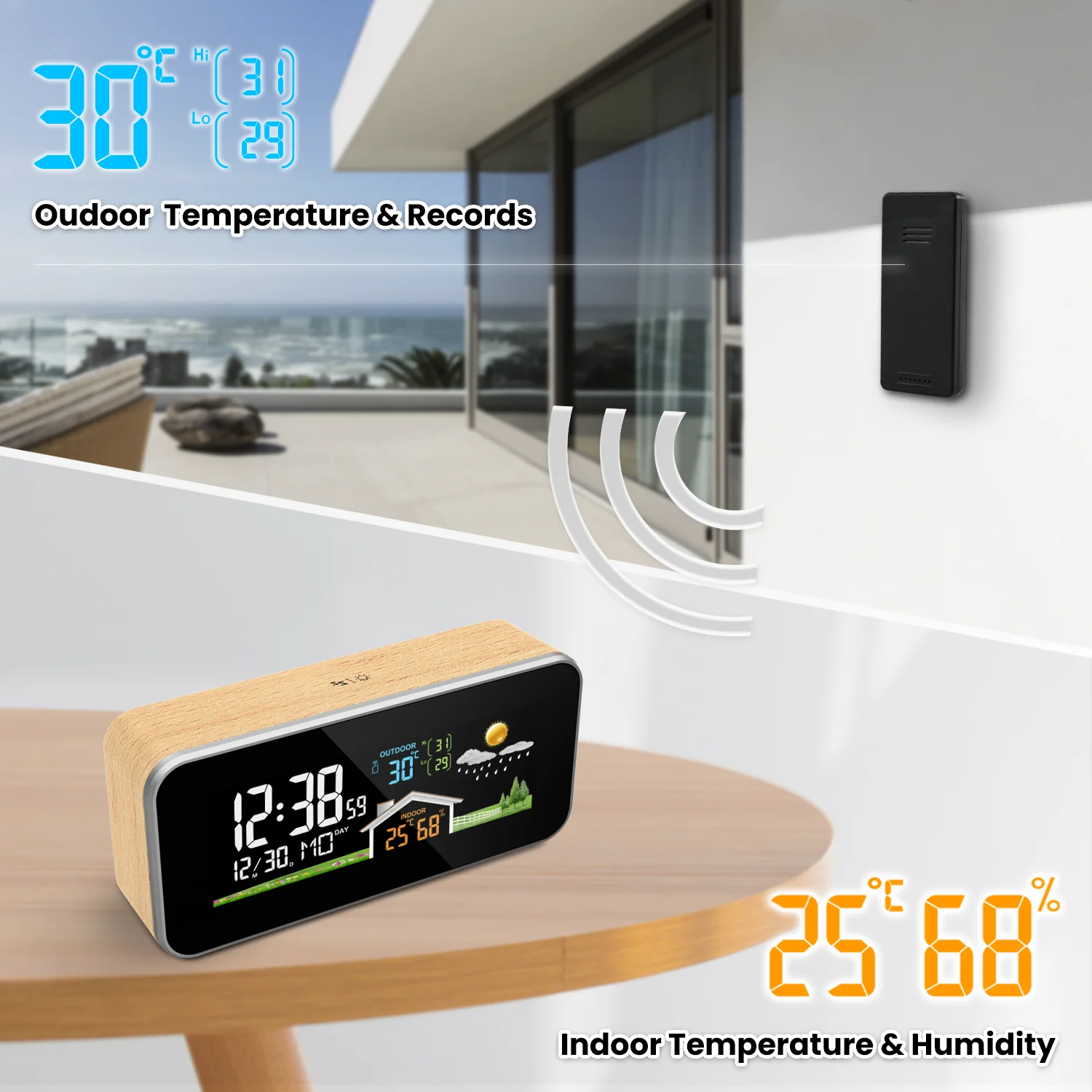 FanJu Weather Station Alarm Digital Clock Color Display DCF Electronic Meter Desktop Calendar Wireless Wall Thermometer Tool