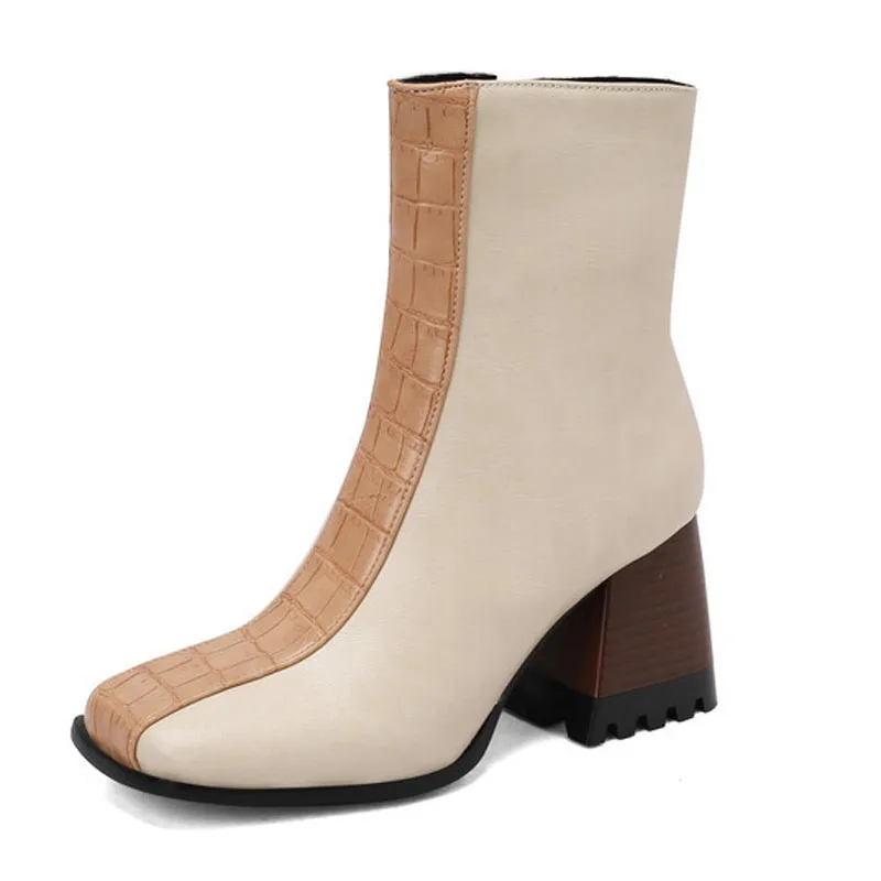 

Square Toe High Heels Chelsea Short Boots Chunky Heels Ankle Boots Women Patchwork Winter Shoes Women zapatos mujer WSH5017