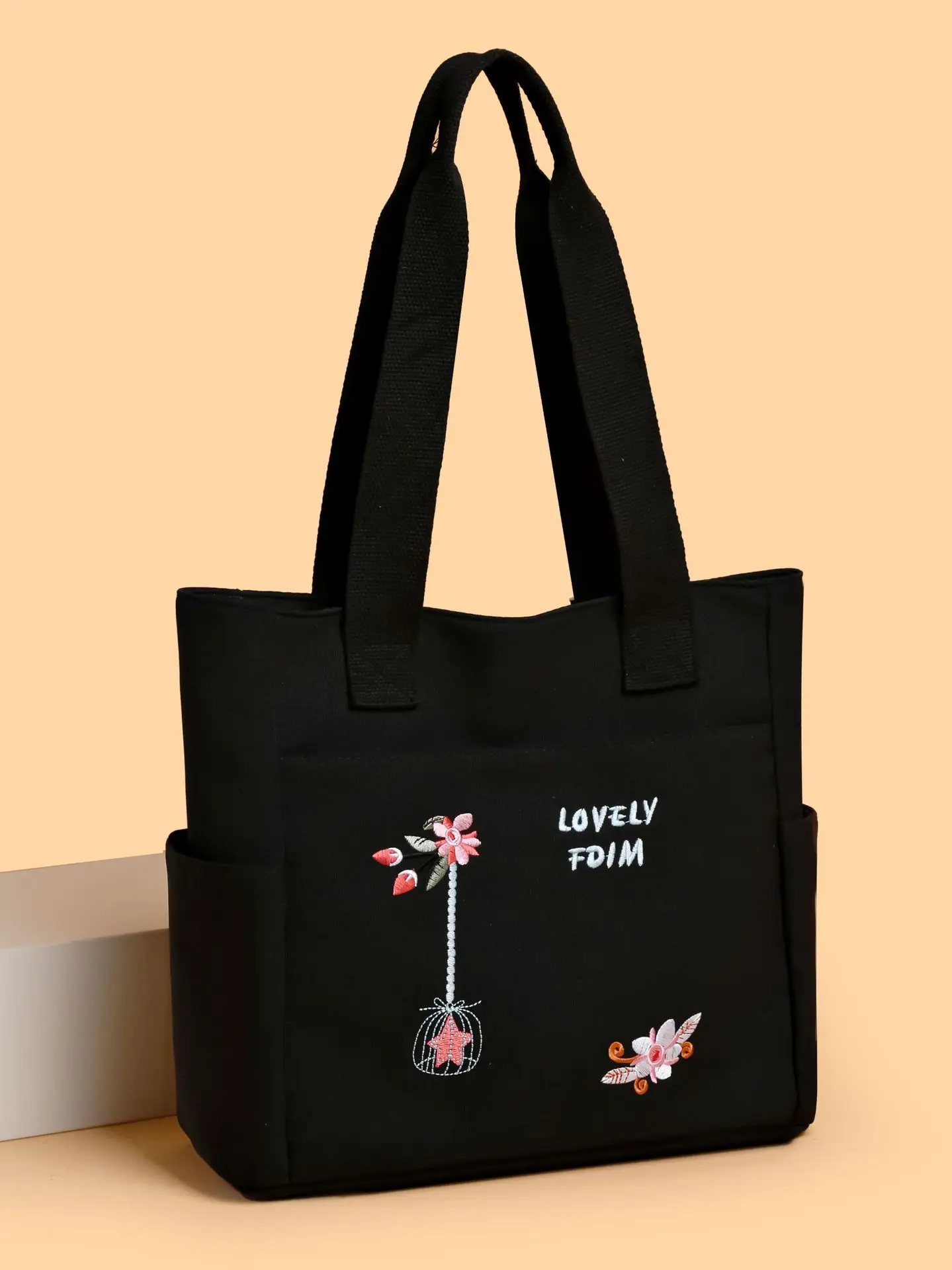 Women Oxford cloth Tote Bag Large Capacity Shoulder Bag Embroidery Handbag Multi Pocket Zipper Shopper School Bag Shopping Bag