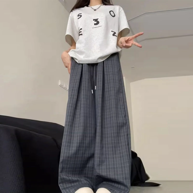 Fashion High Waist Drawstring Plaid Striped Gray Loose Wide Leg Pants For Women