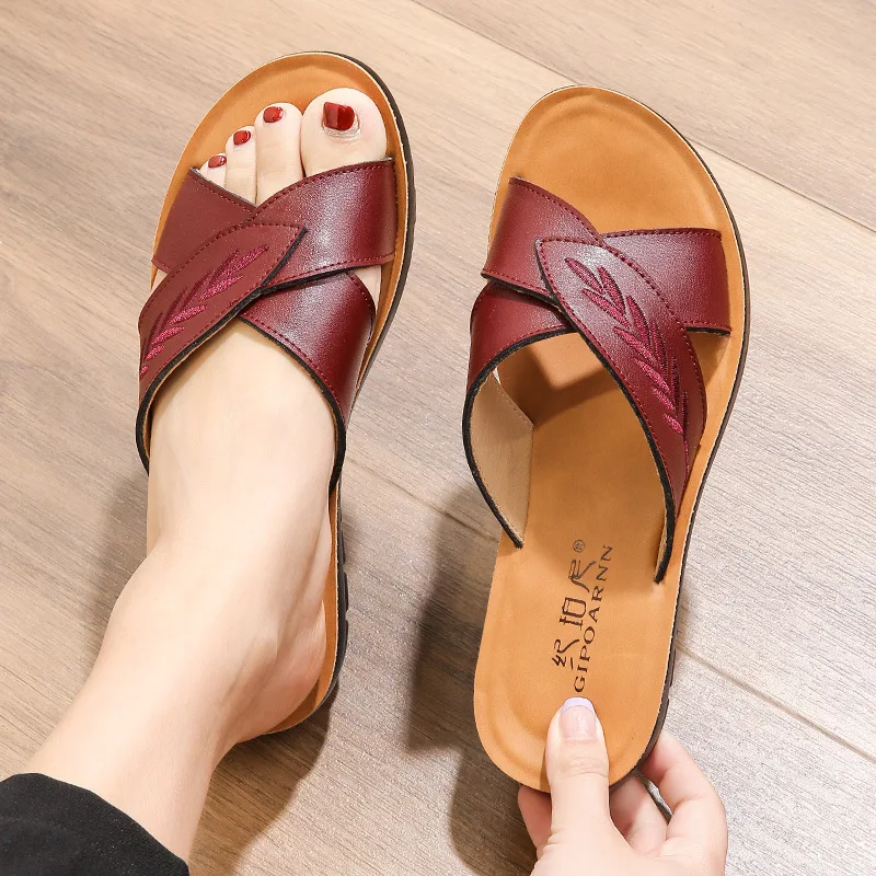Women Sandals Summer Fashion Leather Open Toe Slip On Walking Shoes Female Slippers Breathable Plus Size Mother Shoes