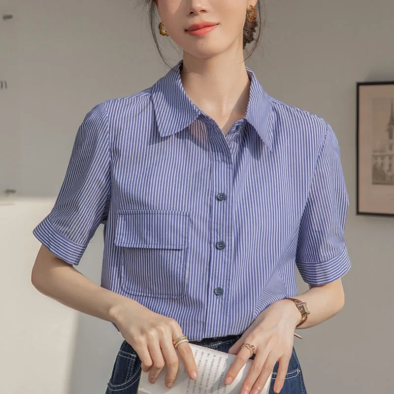 Blue Striped Short Sleeve Blouses For Women Summer Fashion OL Shirt Woman Clothing Turn-down Collar Loose Tops Camisas E Blusas