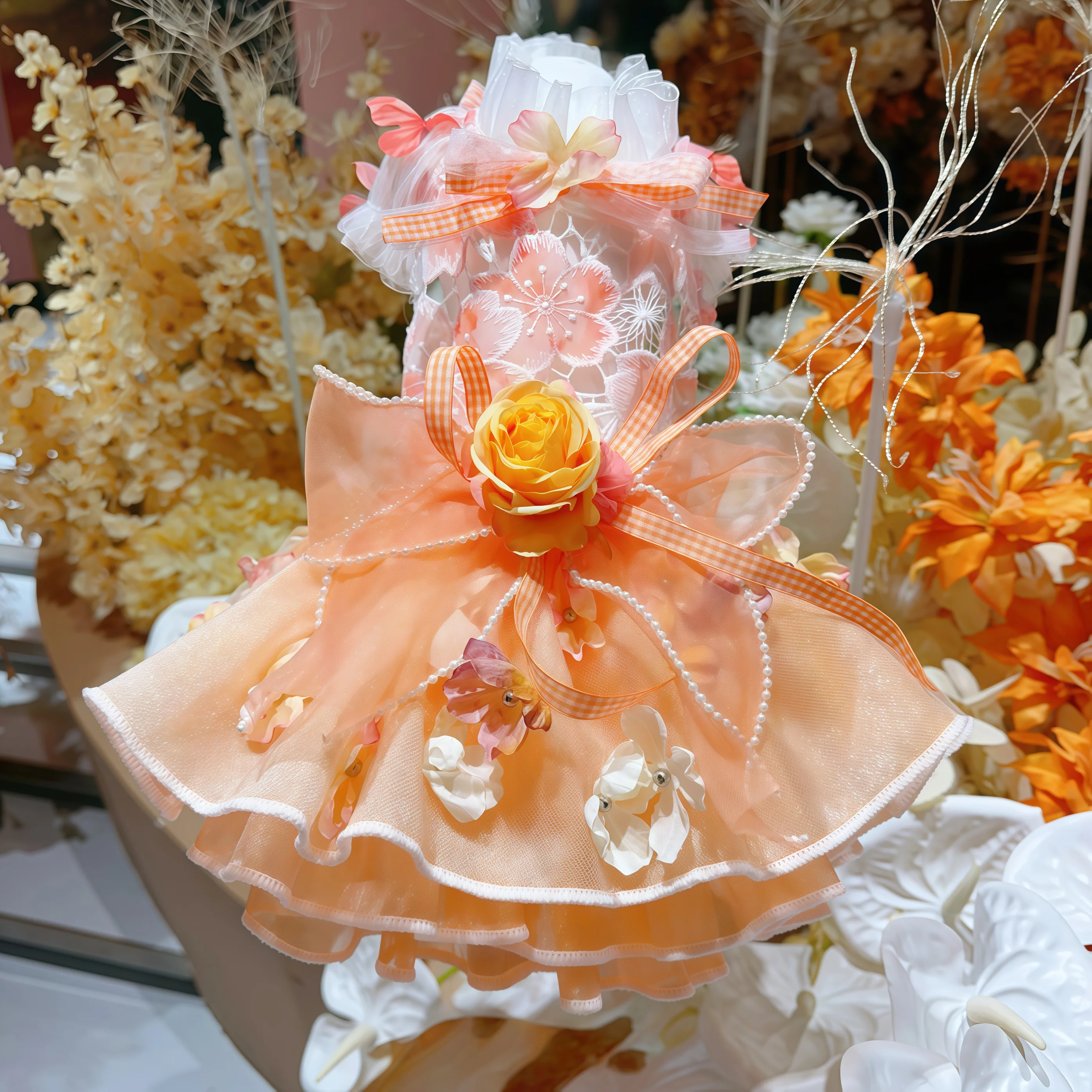 

Spring Orange Dog Dress: Handmade Floral Lace Bow Party Outfit, Luxury Breathable Chiffon for Small Puppy Easter Celebration