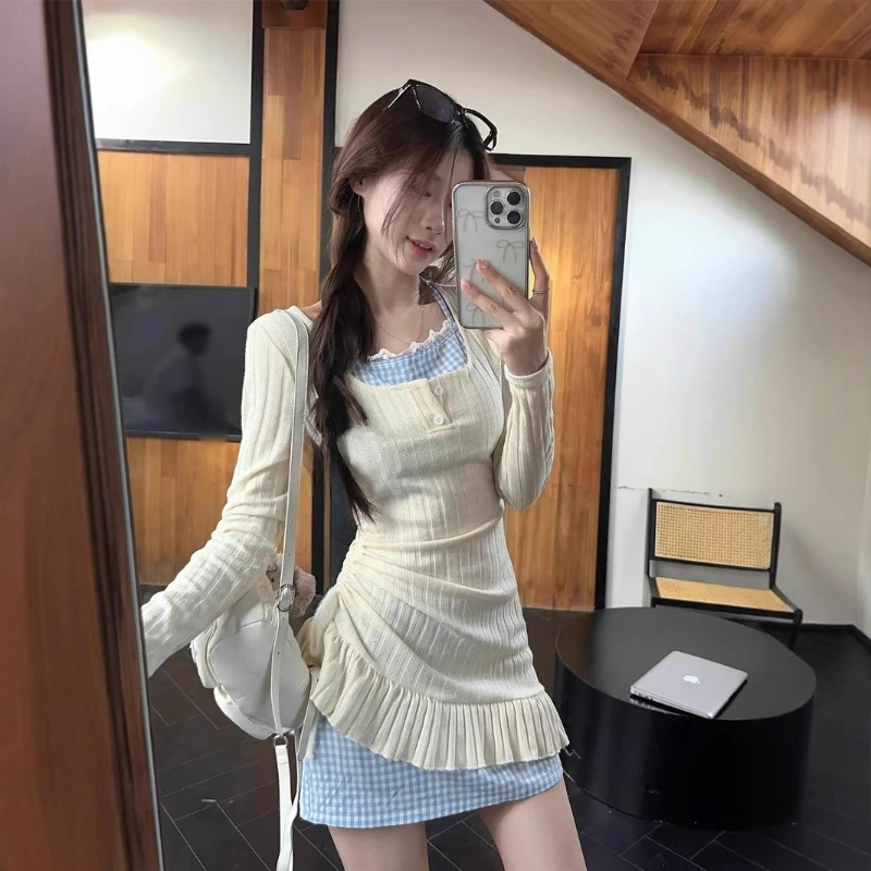 

Pure Desire Wind Neck Dress Women's Autumn Fake Two-piece Skirt Sweet Spice Girl Waist Irregular Splicing Stacked Short Skirt