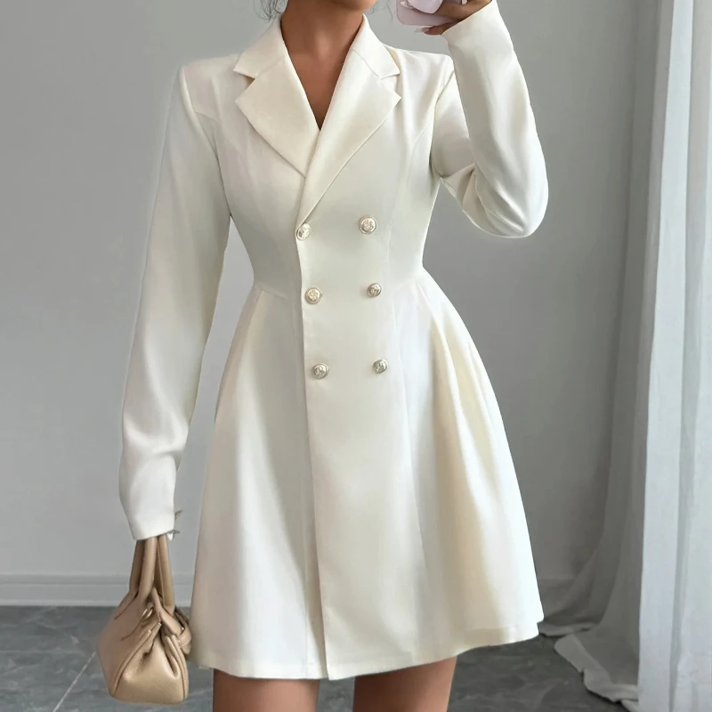 レディース 無地 ボタンアップ Aラインドレス 秋 長袖 ノッチカラー ワーク ミニドレス オフィス フォーマル カジュアルドレス