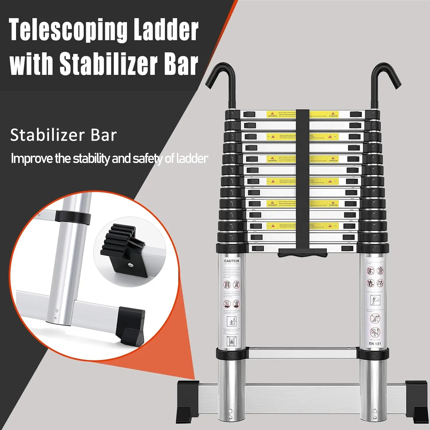 Ladder with Hooks 9.5 FT - Aluminum Telescopic Ladder with Stabilizer - Retractable Extension Ladders for Home Loft