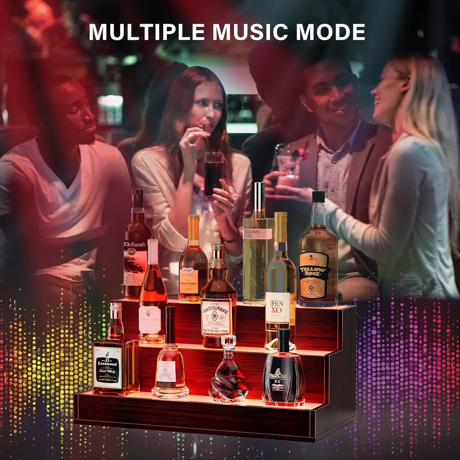 LED Lighted Liquor Bottle Display Shelf, 24 Inch Bar Display Shelf with App & Remote Control 3 Tier for Home Bar, Party, Walnut