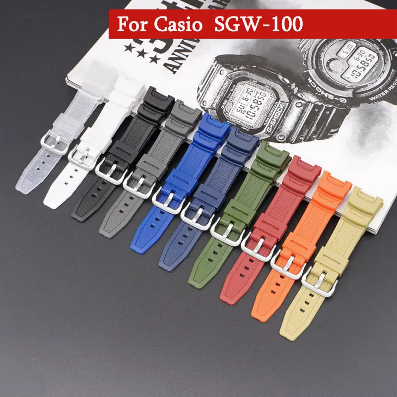 Resin TPU Strap For Casio Watch SGW-100 Replace Watchband Waterproof Sport Wrist Band Belt Stainless Steel Buckle Accessories