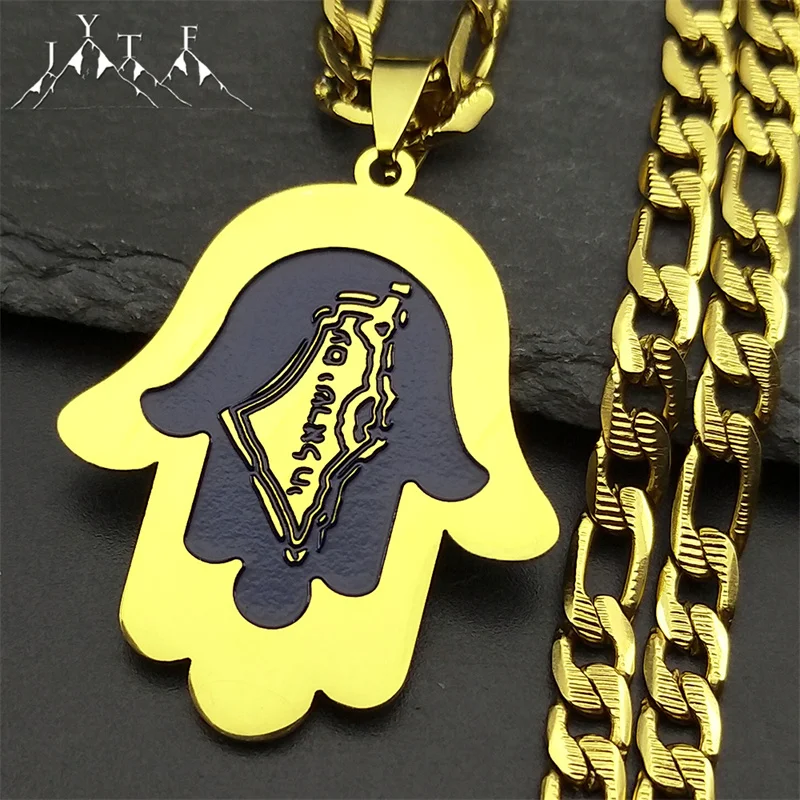 

Hand of Fatima Israel Map Enamel Pendant Necklace for Women Men Stainless Steel Jewish Hebrew Hip Hop Chain Amulet Jewelry Gift