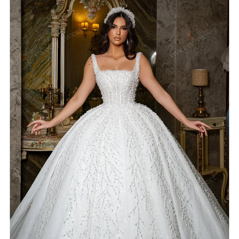 Customize Luxury Glitter Wedding Dress With Beading Princess Ball Gown Sleeveless Square Collar Bride Dress  Vestido De Novia
