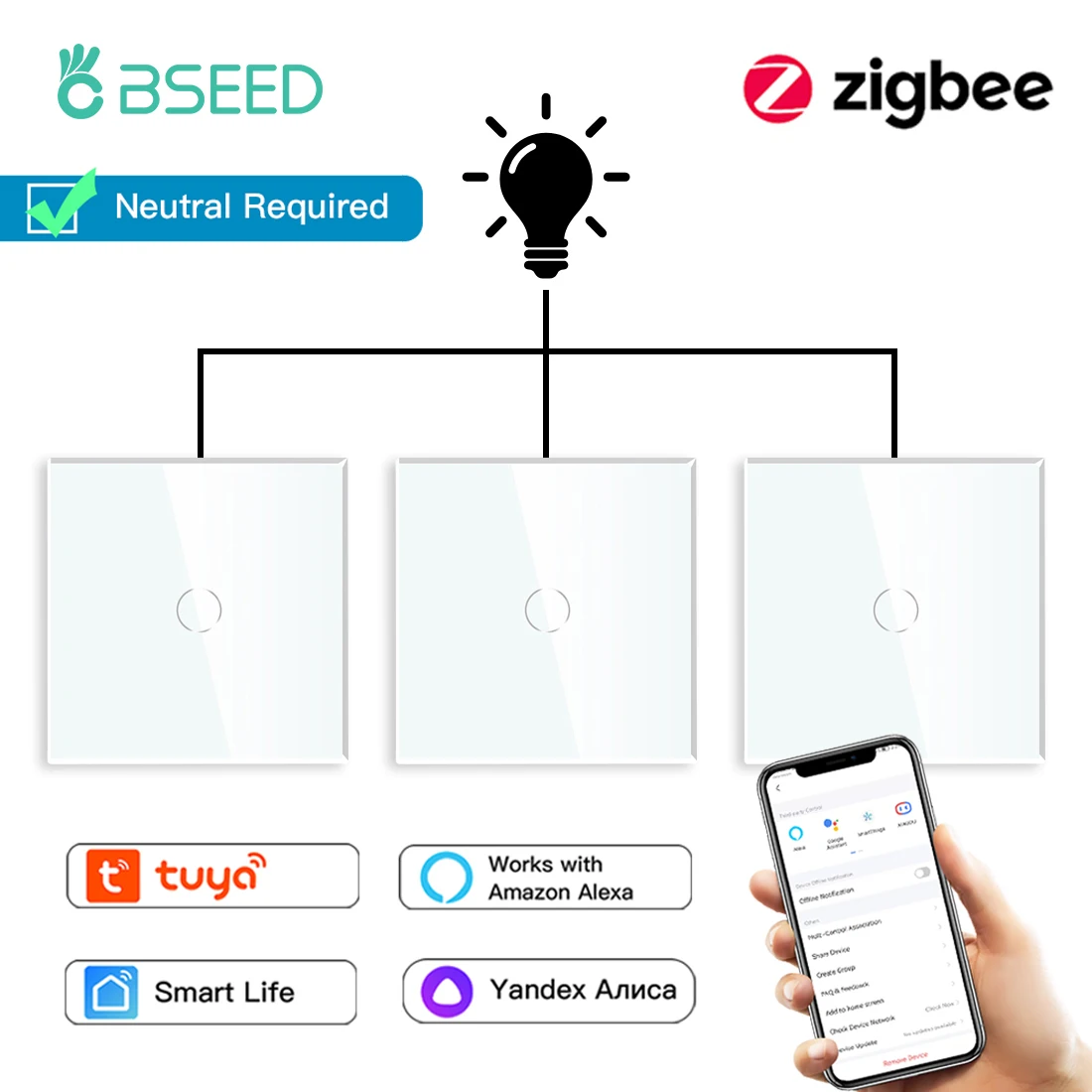 BSEED Zigbee 1Gang 3way Touch Switches Stairs Wall Switches Tuya Smart Life Aliexa Alice App Control Crystal Glass Panel 10A