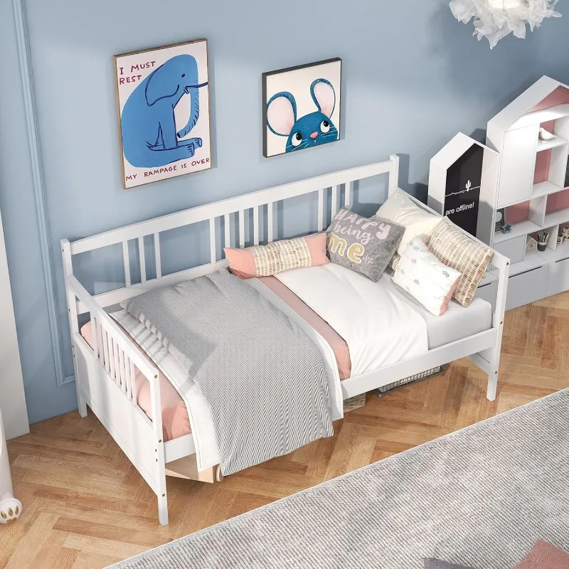 Twin Daybed Frame, Wooden Sofa Bed Guest Bed With Rails & Wood Slat Support, Dual-use Twin Size Platform Bed Frame For L