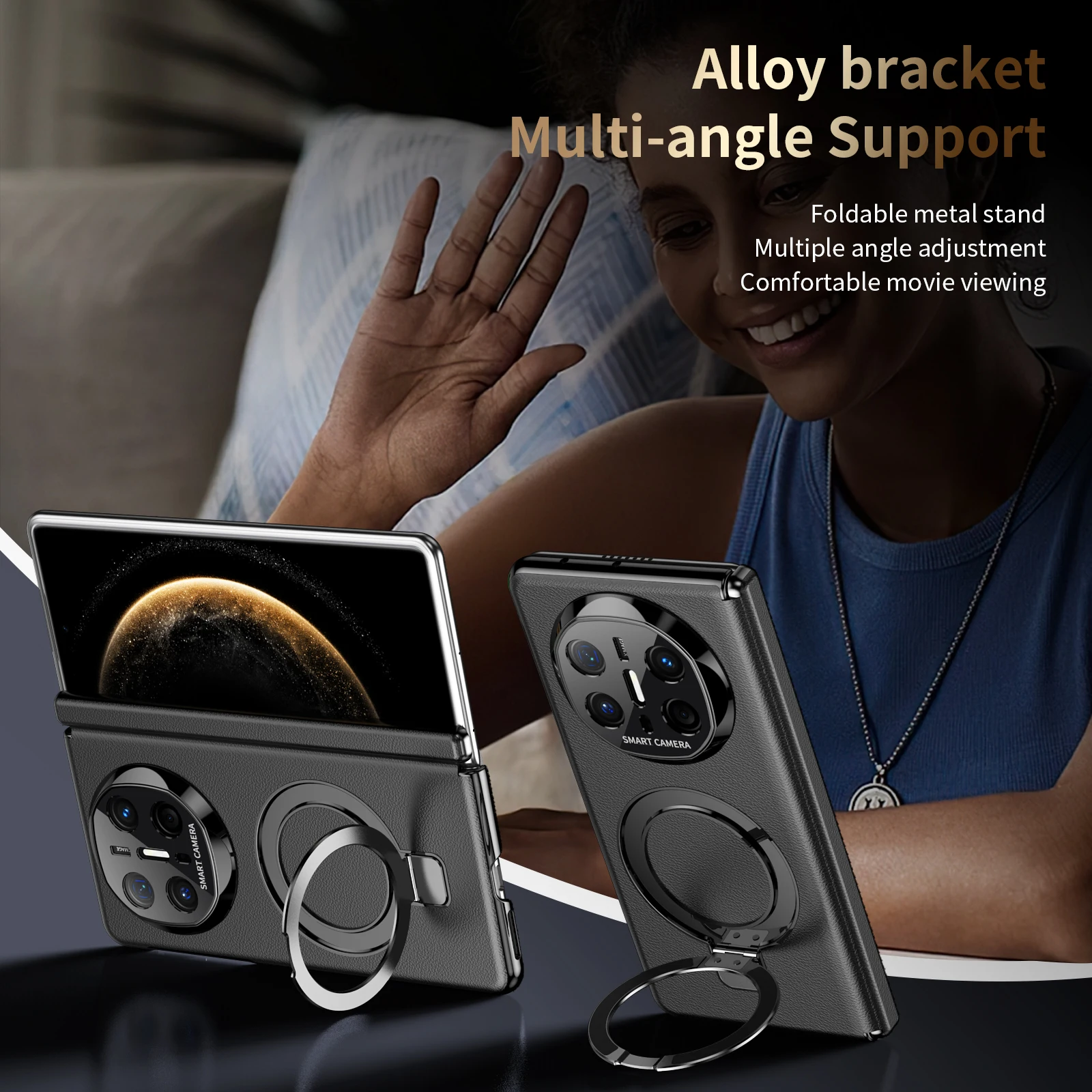 For Huawei Mate X6 X5 X3 Magsafe Case Luxury Matte Leather Folding Hinge Magnetic Rotating Ring Holder Shockproof Hard Back Case view 4