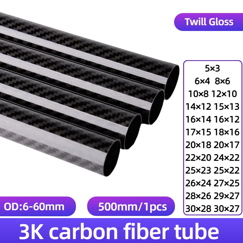 

1pcs Length 500mm Carbon Fiber Tube High Composite Hardness Material 3K Twill gloss OD5-30mm for RC Model Airplane Car