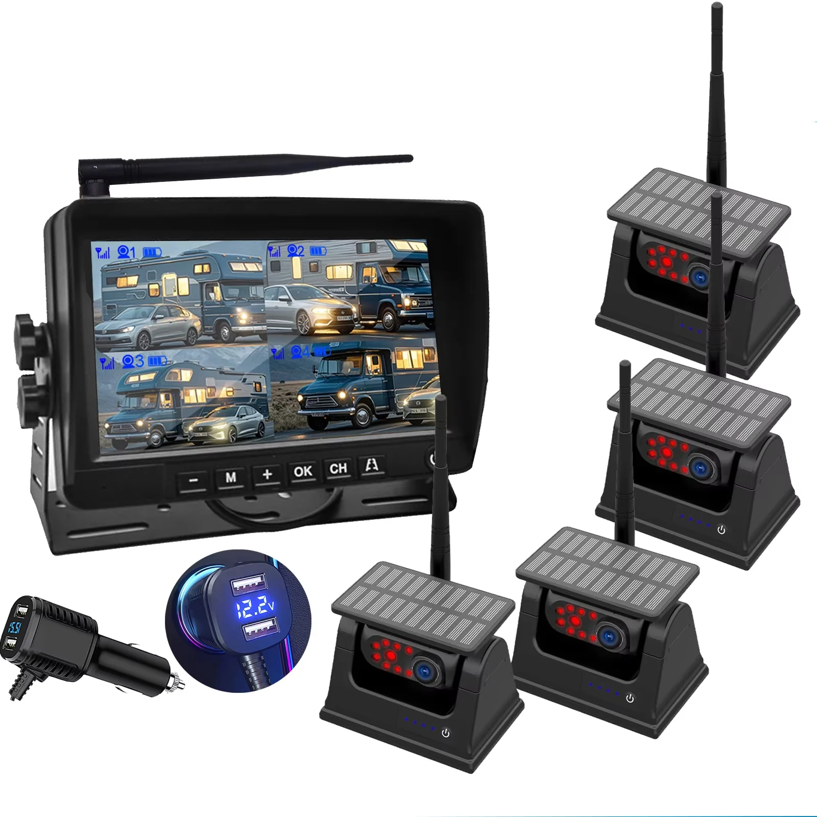 7Inch Solar Wireless Night Vision Waterproof Rear View Camera With DVR Recording Magnetic Base Standby Mode For Truck RV Caravan