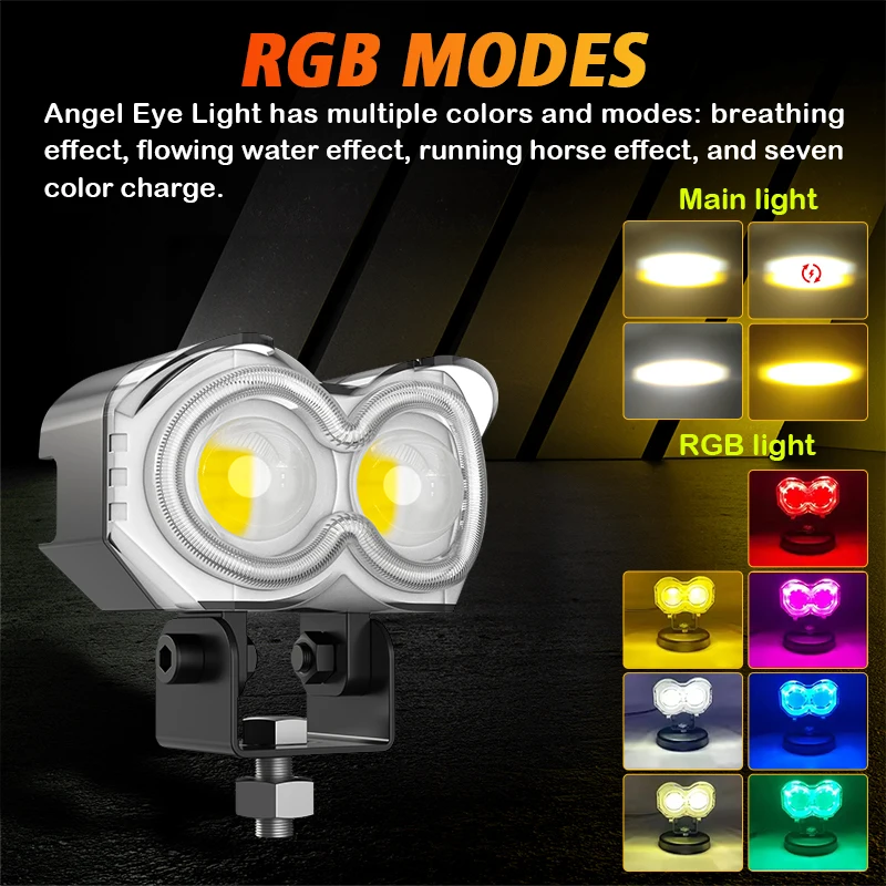 Dualvision 1PC Motorcycle LED Spotlight White Yellow Flash Light 2 Lens Hi/Lo Beam Driving Lamps For OffRoad Truck ATV Motorbike