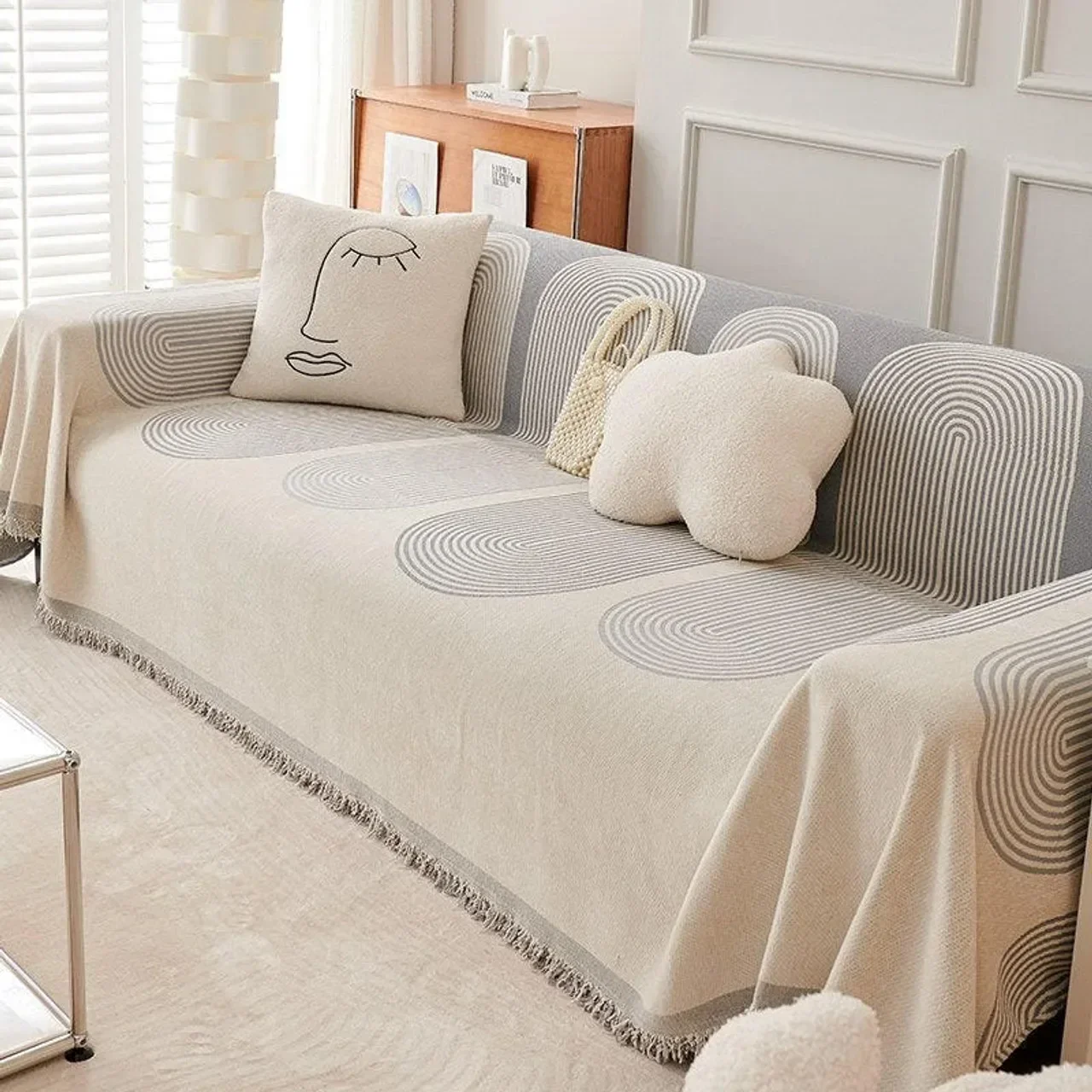 Özelleştirilebilir Kanepe Atmak Battaniye Açık Kamp Piknik Büyük Battaniye Eğlence Relax Plaj Havlusu beyaz Seyahat Halı Püsküller Keten