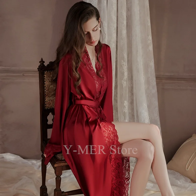 Long Kimono Bathrobe Lady Sexy Lace Full Slip Nightgown Loose Wedding Morning Dress Gown Soft Satin Homewear Intimate Lingerie