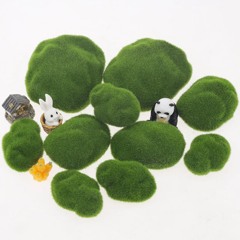 12Pcs Moss Rocks Ball Artificial Green Stone Decoration Fake Lifelike Plant Simulation Ornament Party Window Display