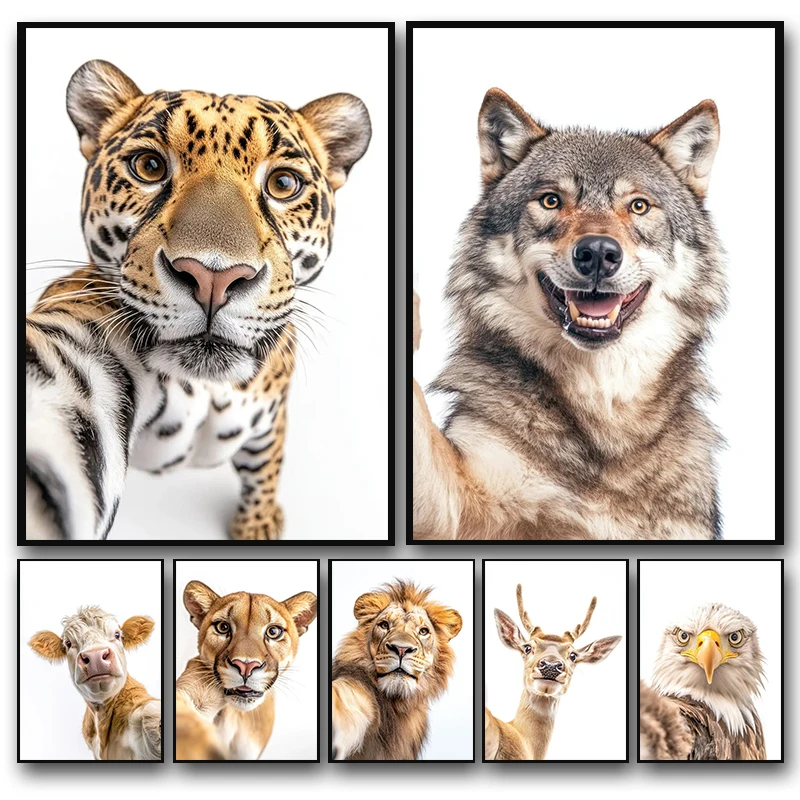 Wild Jaguar Bear Deer Panda Lion Wolf Tiger Fox Monkey Canvas Painting Animal Selfie Poster Prints Wall Art Room Home Decor