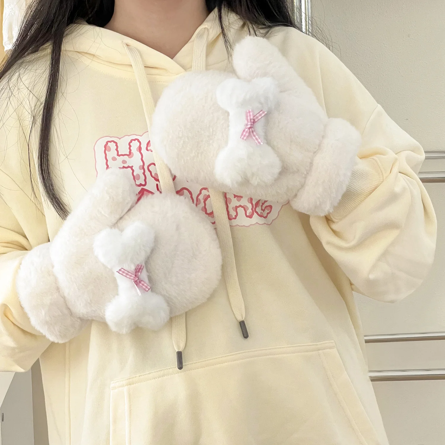 Laides' Plushed Mittens Winter Thickened Warm Cycling Students High-quality Japanese Bow Kawaii Sweet Cute Funny Gloves For Girl