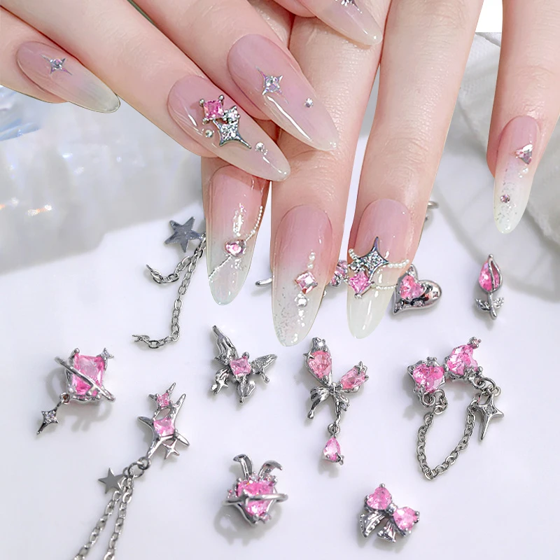 Manicure Metal Silver Pink Heart Butterfly Rhinestones Nail Decorations Star DIY Nail Art Charms Accessories Nail Supplies