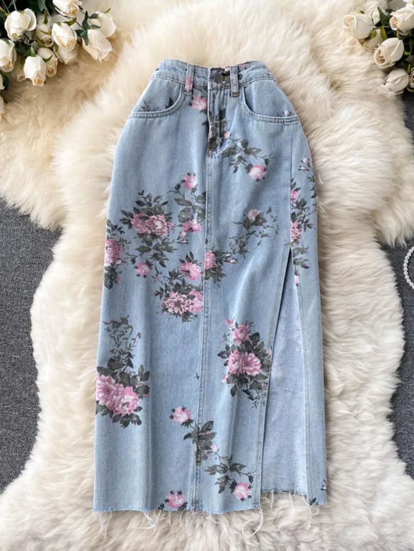 Flowers Print Jeans Women Vintage High Waist Denim Long Pants 2024 Fashion Autumn Casual Wide Leg Full Length Denim Trousers