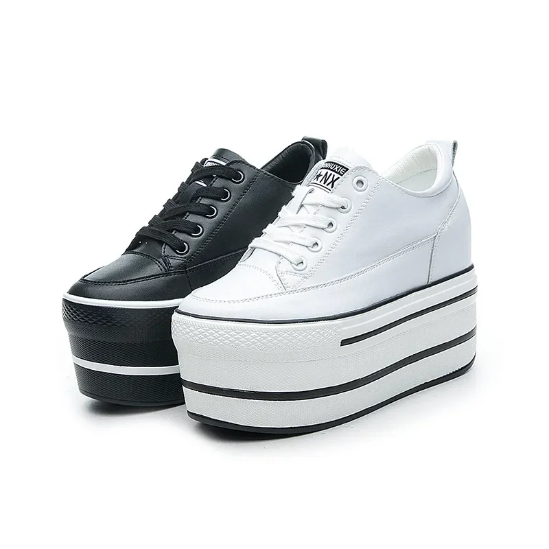 Comemore Super High Thick Heel Platform Flats Women Casual Women's Sports Spring Shoes Leather Soft Casual Sneakers White Black