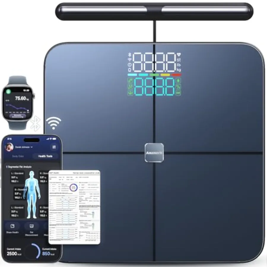 Bathroom smart scale for body weight and composition measurement, ABS+tempered glass, dark blue, 8-electrode larger platform wi