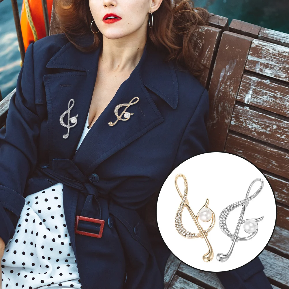 

2Pcs Musical Note Brooch Pins Fashion Pearl Decor Zinc Alloy Brooches for Women Clothes Hat Lapel Pin Accessory