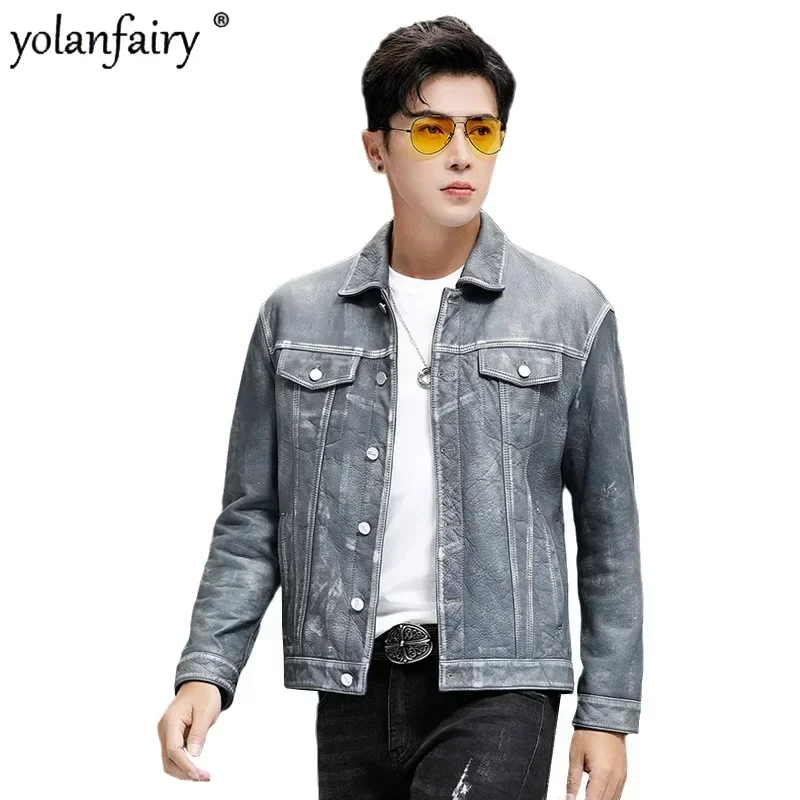 Natural Cowhide Men's Leather Jacket Men Vintage Motorcycle Real Leather Coat 2023 Autumn Spring Trend Short Denim Clothing FCY