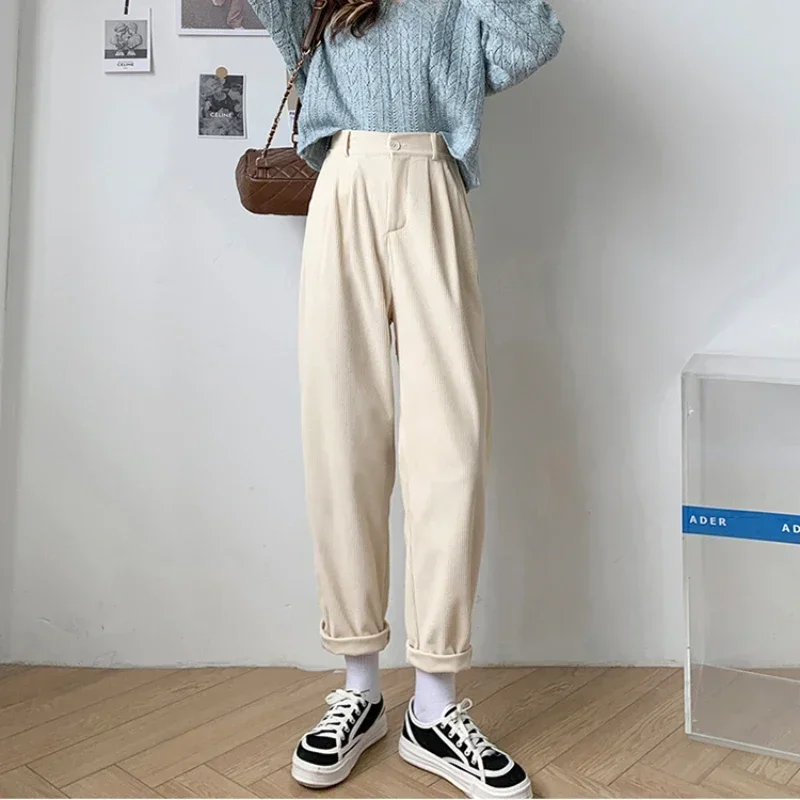 女性のレトロなハイウエストコーデュロイパンツ,ストレートカジュアル,フルレングス,ヴィンテージのコーヒーポケット,すべてのストリートウェアにマッチ