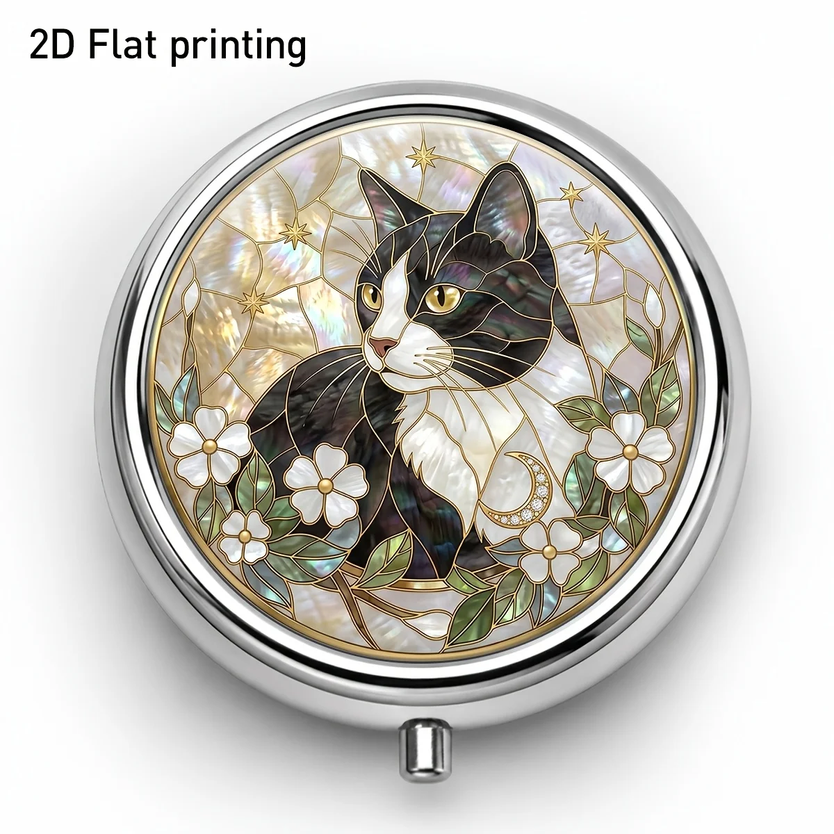 Single pack, flat print, black and white window pattern round box, three-compartment storage box, elegant flat print, separate storage for pills and vitamins, portable and space-saving, essential for outdoor travel