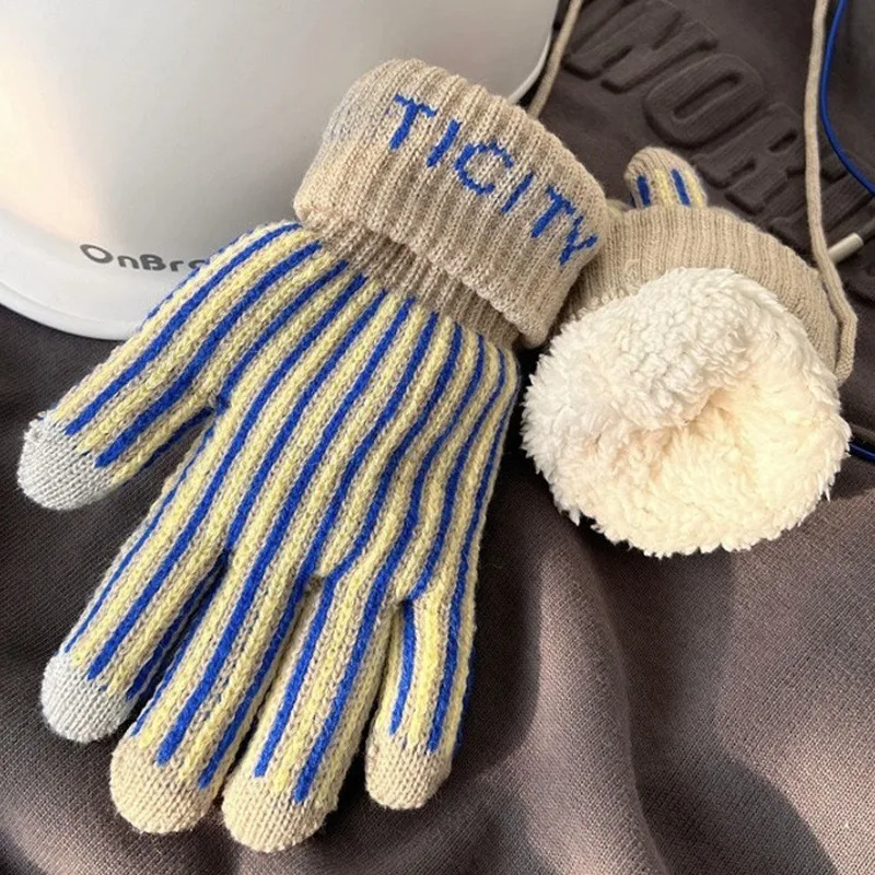 

Winter Plush Wool Thick New Retro Blue Yellow Striped Gloves Five Finger String Hanging Neck Mitts Cold-proof Fashion Warmer Kit