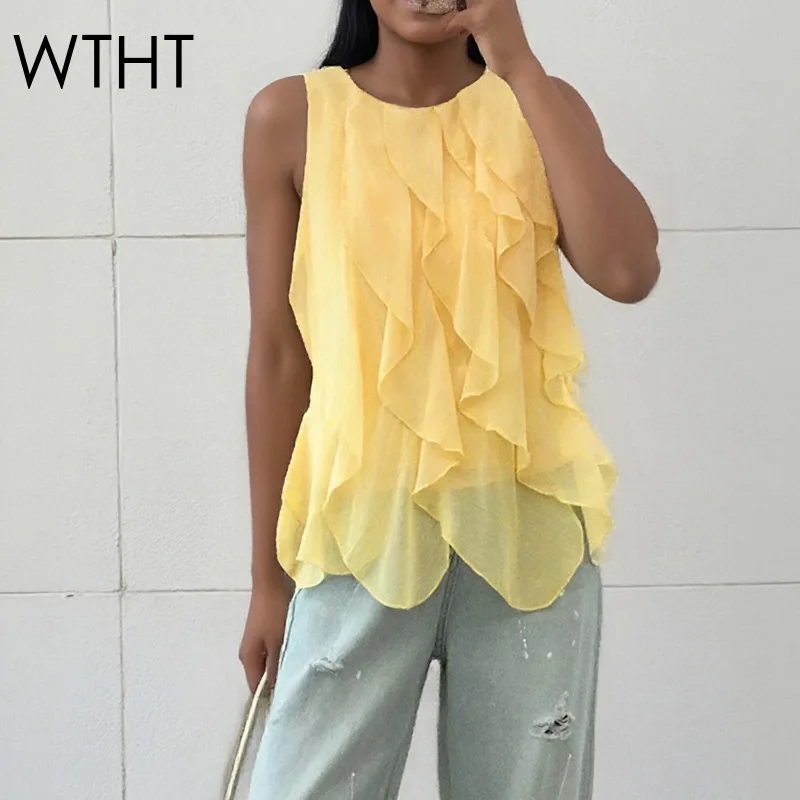 

WTHT Fashion Women's Solid Color Ruffle Edge Loose Shirts Trendy New Sleeves V-neck Casual Tops Female 2025 Summer 1LS2140