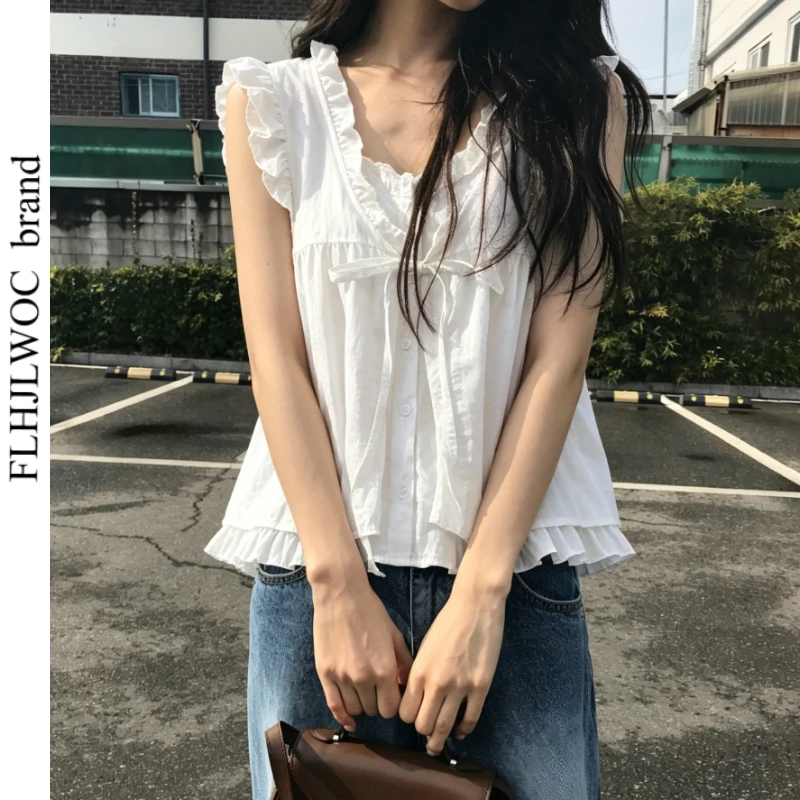 

Милые блузки с бантом 2026: летний японский стиль преппи, имитация двухслойности, без рукавов, с короткими оборками, в клетку, для девочек