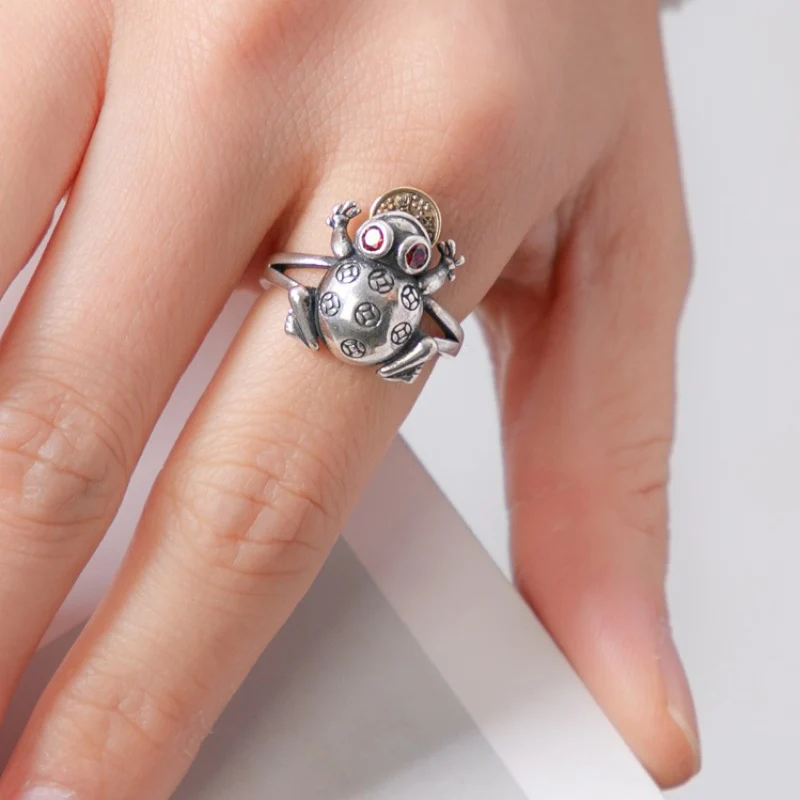 Unique Design Gold Toad Rings for Women 925 Silver Vintage Ethnic Style Red Crystal Copper Coin Ring Adjustable Opening Jewelry