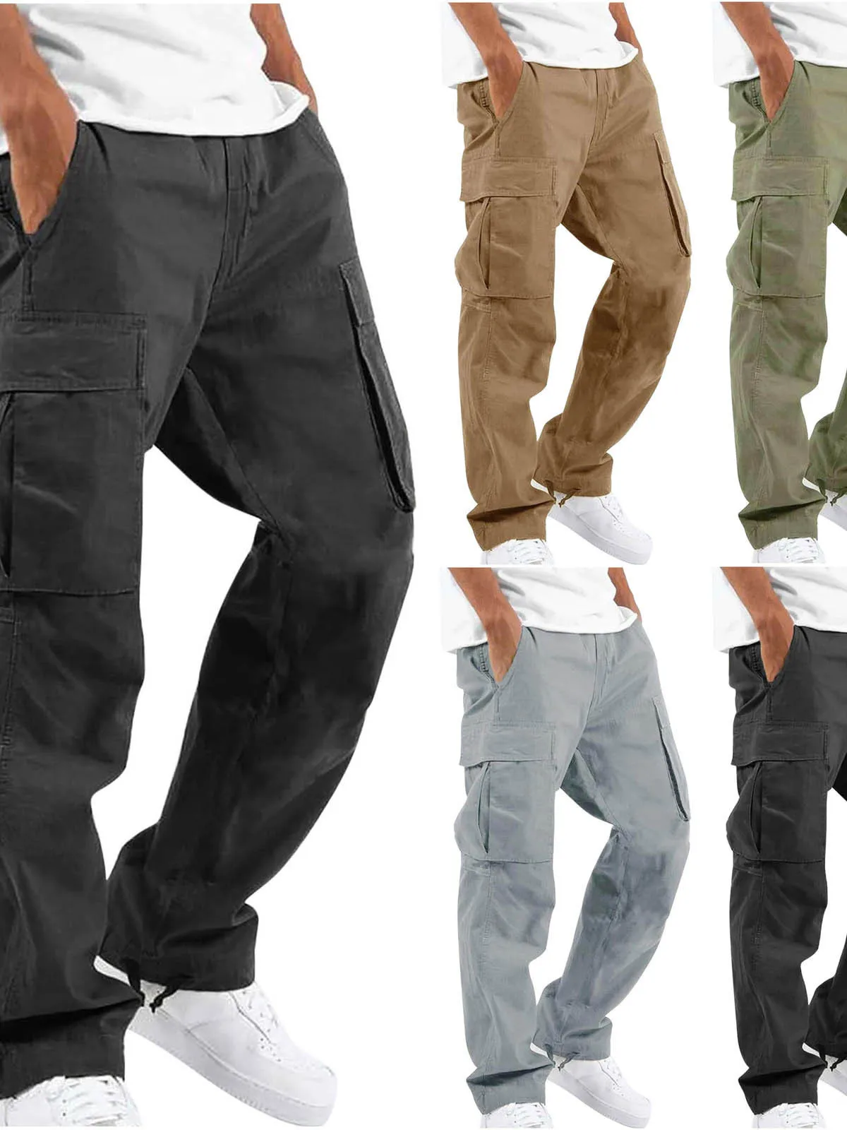 

Casual Cargo Pants for Men Dstring Workwear Trousers Loose Fit with kets Straight Leg All Season Basic Color