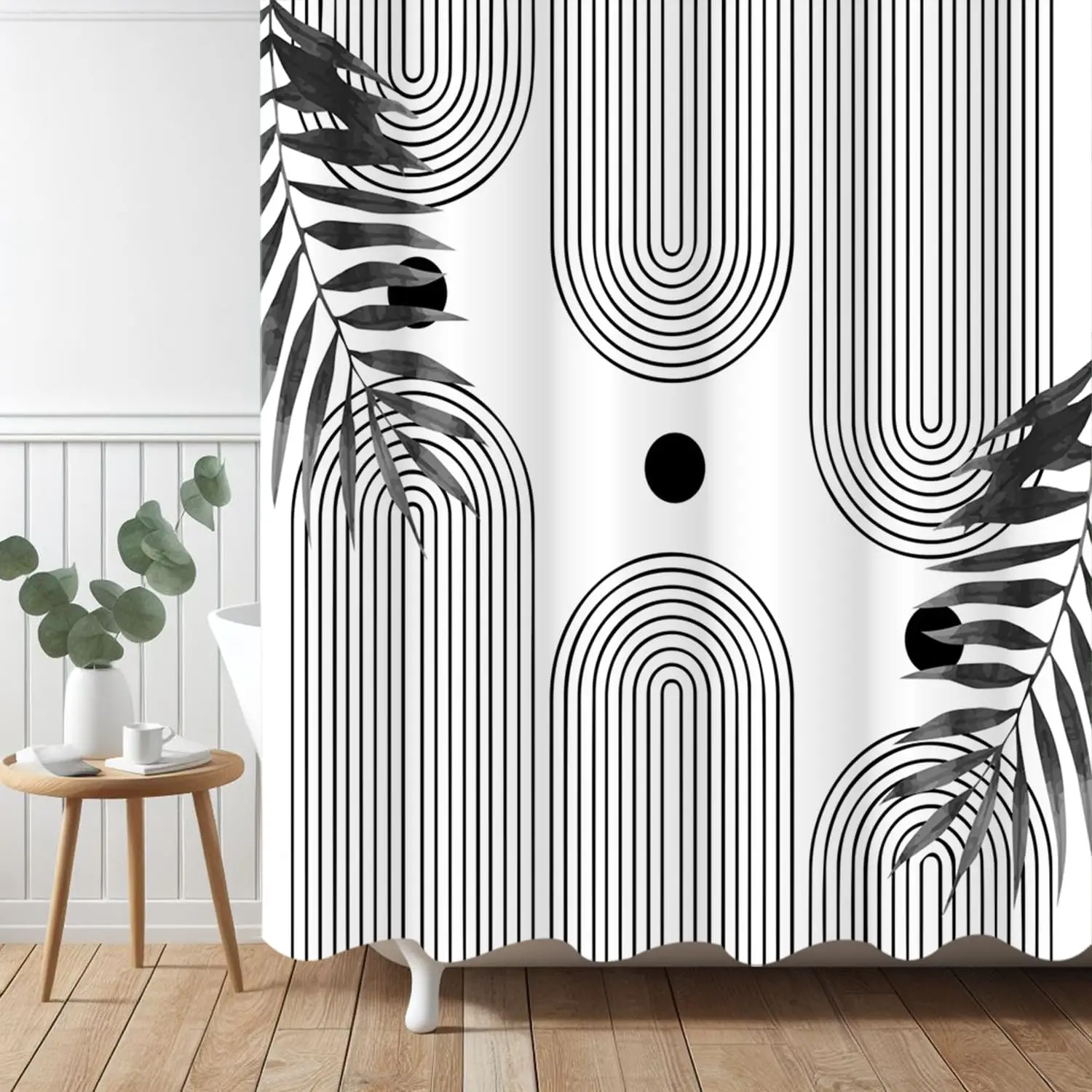 

Boho Mid Century Modern Shower Curtain, Abstract Arch Leaf Minimalist Sun Black and White Machine Washable Waterproof Fabric for