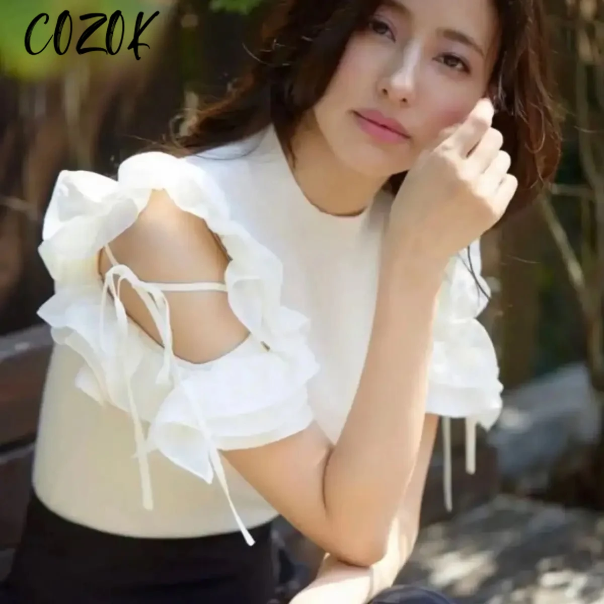 

Japanese Off Shoulder Ruffle Edge Slim Short Sleeve Tshirt Women Sweet Elegant Knitted T Shirt Girl Commuting Short White Top