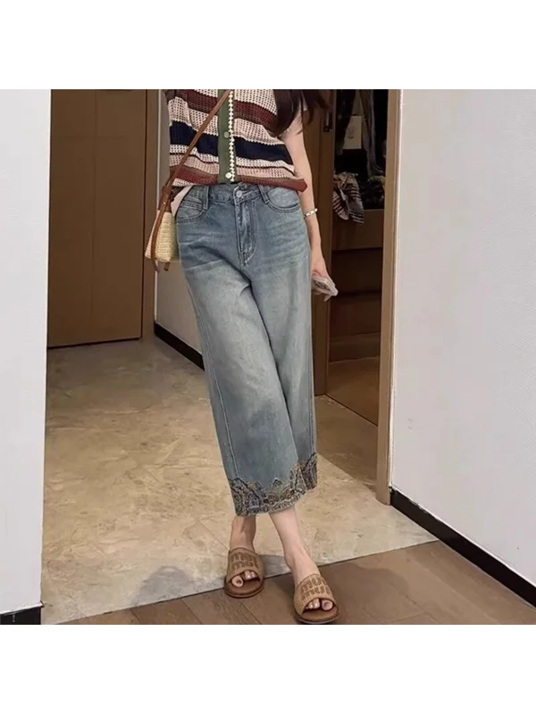 

plus Size Chinese Style Embroidered Wide Leg Jeans Women's Summer Thin Slimming Nine Points Knife Pants High Waist