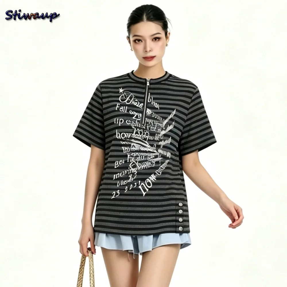 

Women's T-shirt Black Striped Letter Print Zipper T Shirt Woman Harajuku Short Sleeve Tees Y2k Loose Round Neck Tshirts Ladies