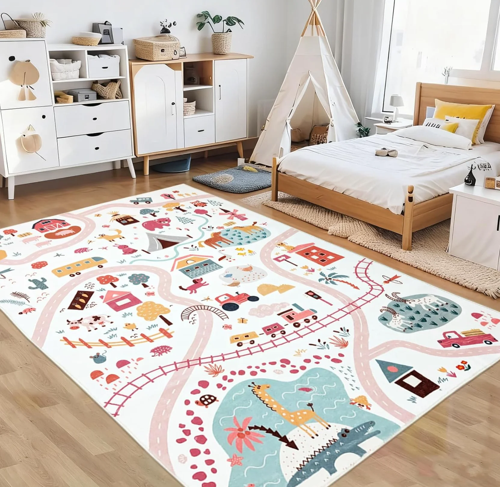 

Kids Play Rug with Farm Animal and Road Map Educational Traffic Playmat for Bedroom Playroom Living Room Non Slip Floor Carpet