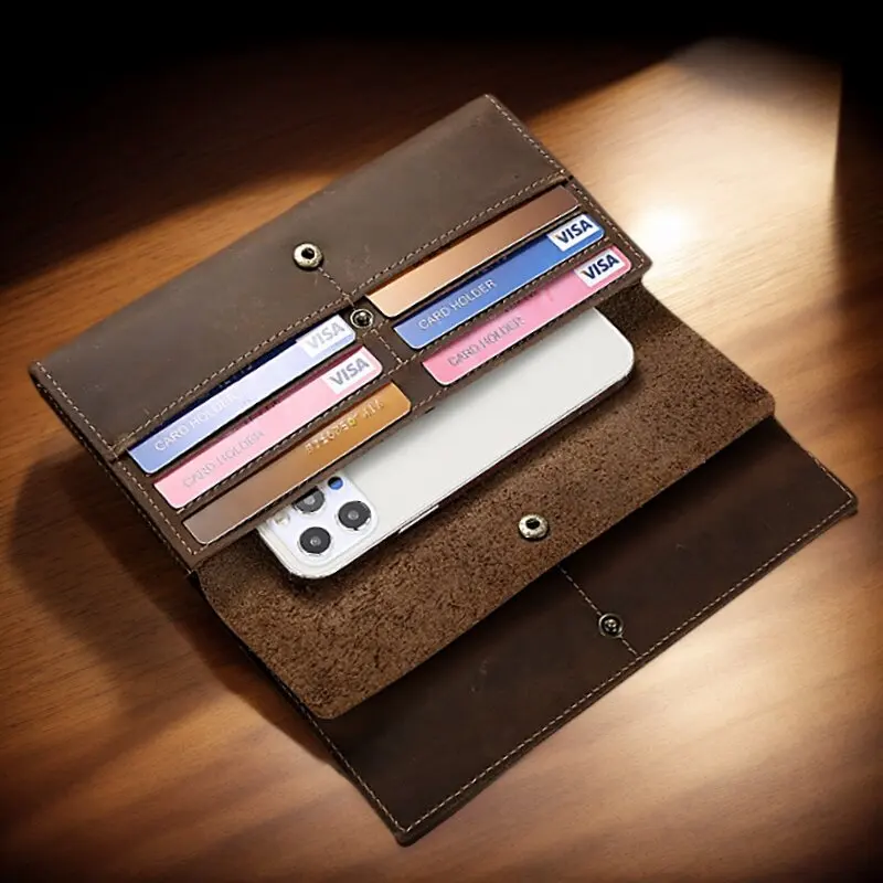 

Кожаный кошелек в стиле ретро, кофейный верх, длинная сумка, держатель для удостоверения личности, кредитная карта, наличные, многофункциональный держатель для мобильного телефона, клатч