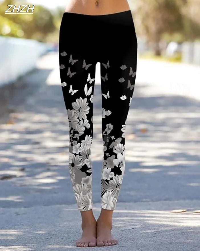 سراويل ضيقة نسائية عصرية بطبعات زهور سراويل خارجية من البوليستر اللدنة قابلة للتمدد بخصر مطاطي، ملابس خريف وشتاء للتحكم في الشارع #2