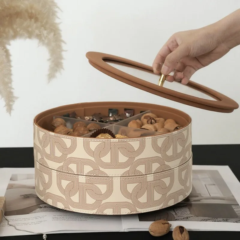 

Вращающийся органайзер для закусок с герметичными отделениями и кожаной отделкой, герметичный поднос для конфет с сухими фруктами для кухонной столешницы