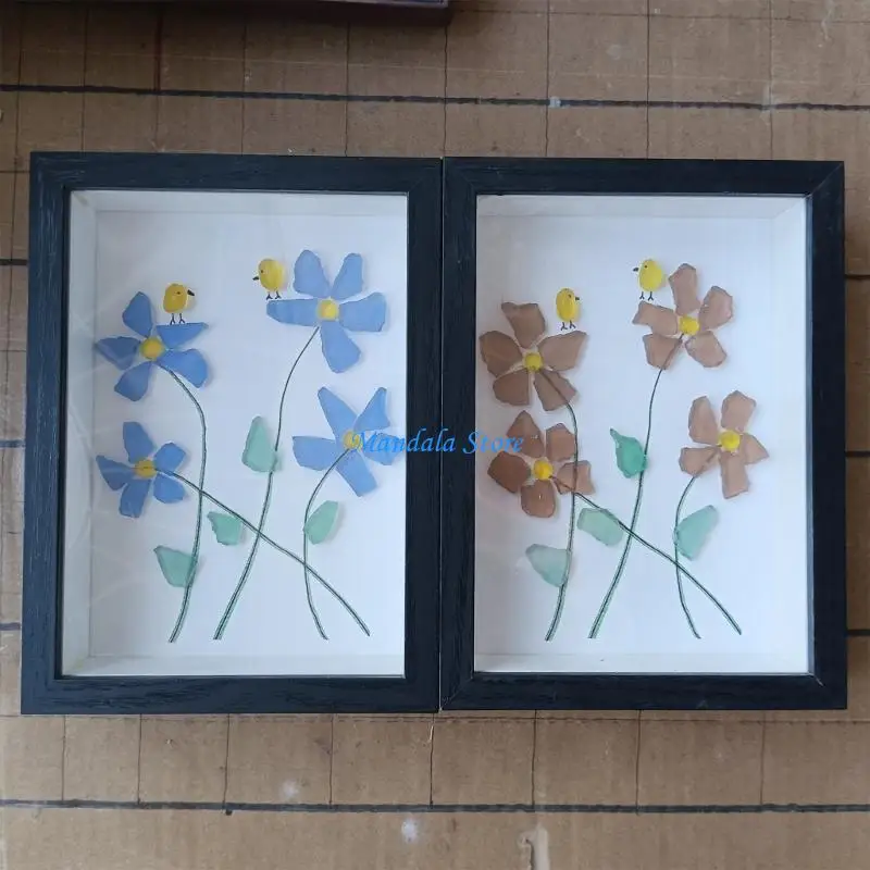 

U2JC Forget Not Flower Bird Sea Glass Art Handmade Sea Glass Artwork Ornament